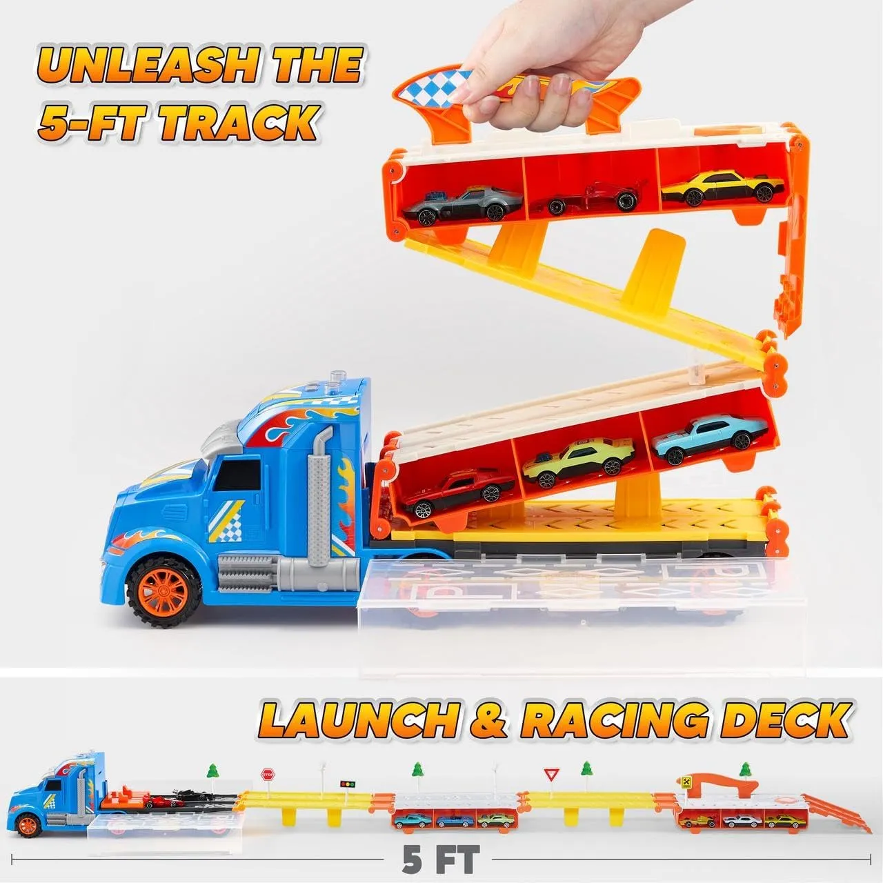 JOYIN Toy Truck for Kids,5-FT Race Track and 12 Die-Cast Metal Toy Cars, Racing Car with Lights & Sounds, Carrier Truck Playset Gift for 3 4 5 Years Old Boys and Girls - Blue