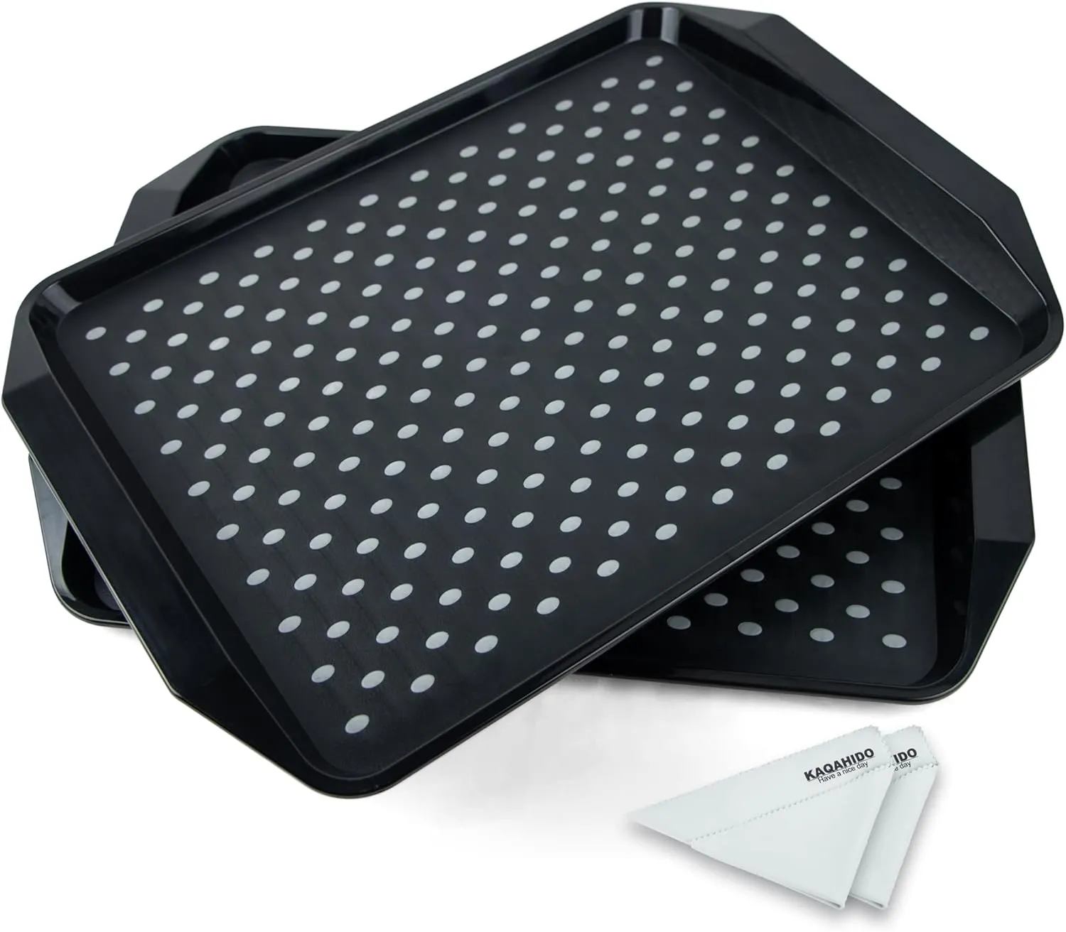 KAQAHIDO Large Non Slip Serving Tray with Grippy Dots, TV Lap Trays for Eating on Couch, Meal Serve for Dinner Breakfast, Rectangular Food Carrying for Plates, Glasses, Dishes, Set of 2, Black