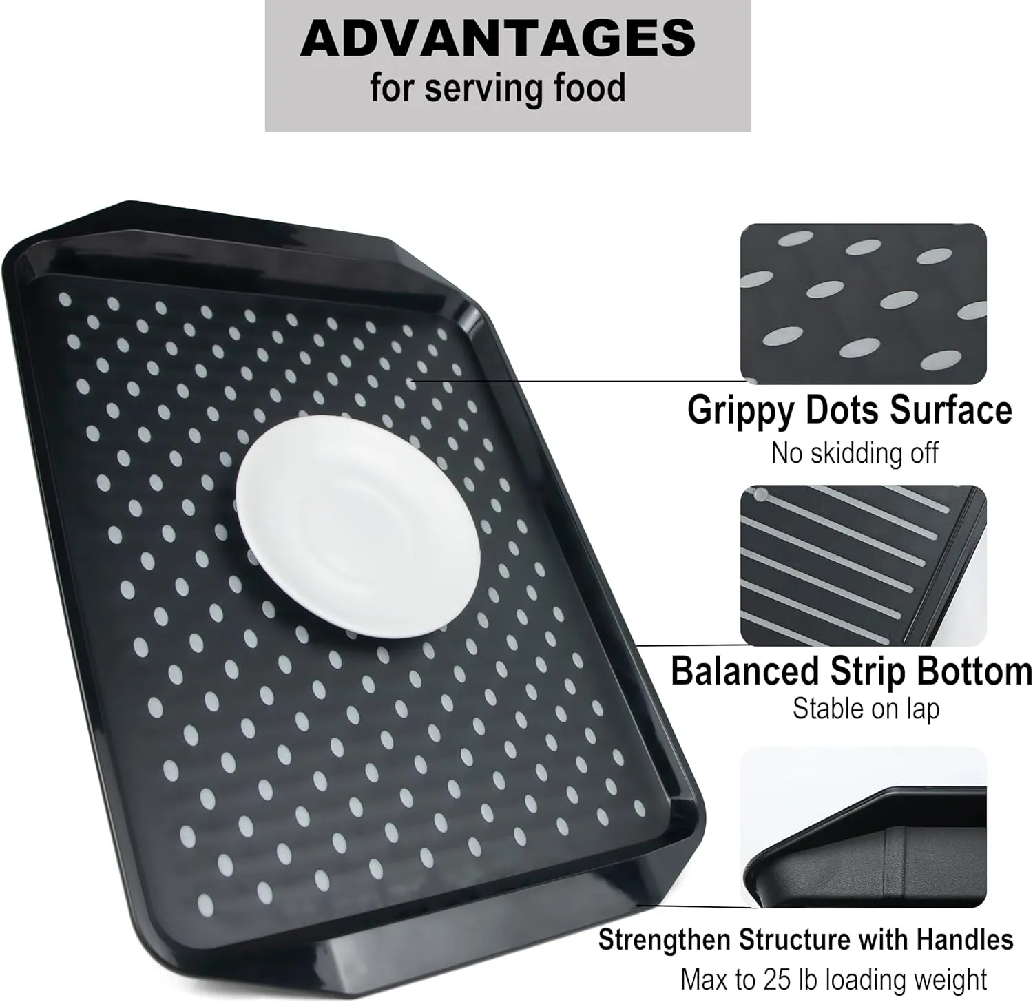 KAQAHIDO Large Non Slip Serving Tray with Grippy Dots, TV Lap Trays for Eating on Couch, Meal Serve for Dinner Breakfast, Rectangular Food Carrying for Plates, Glasses, Dishes, Set of 2, Black