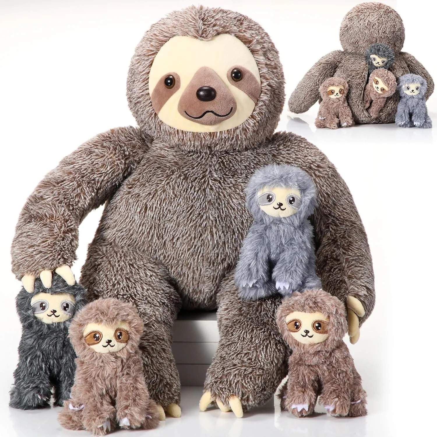 Kasyat 5 Pcs Sloth Stuffed Animals 13 Inch Mommy Plush with 4 Babies in Zippered Belly Stuffed Sloth Plush Toy End of Year Students Gifts for Kids Adults Birthday Graduation Baby Shower Party Favors