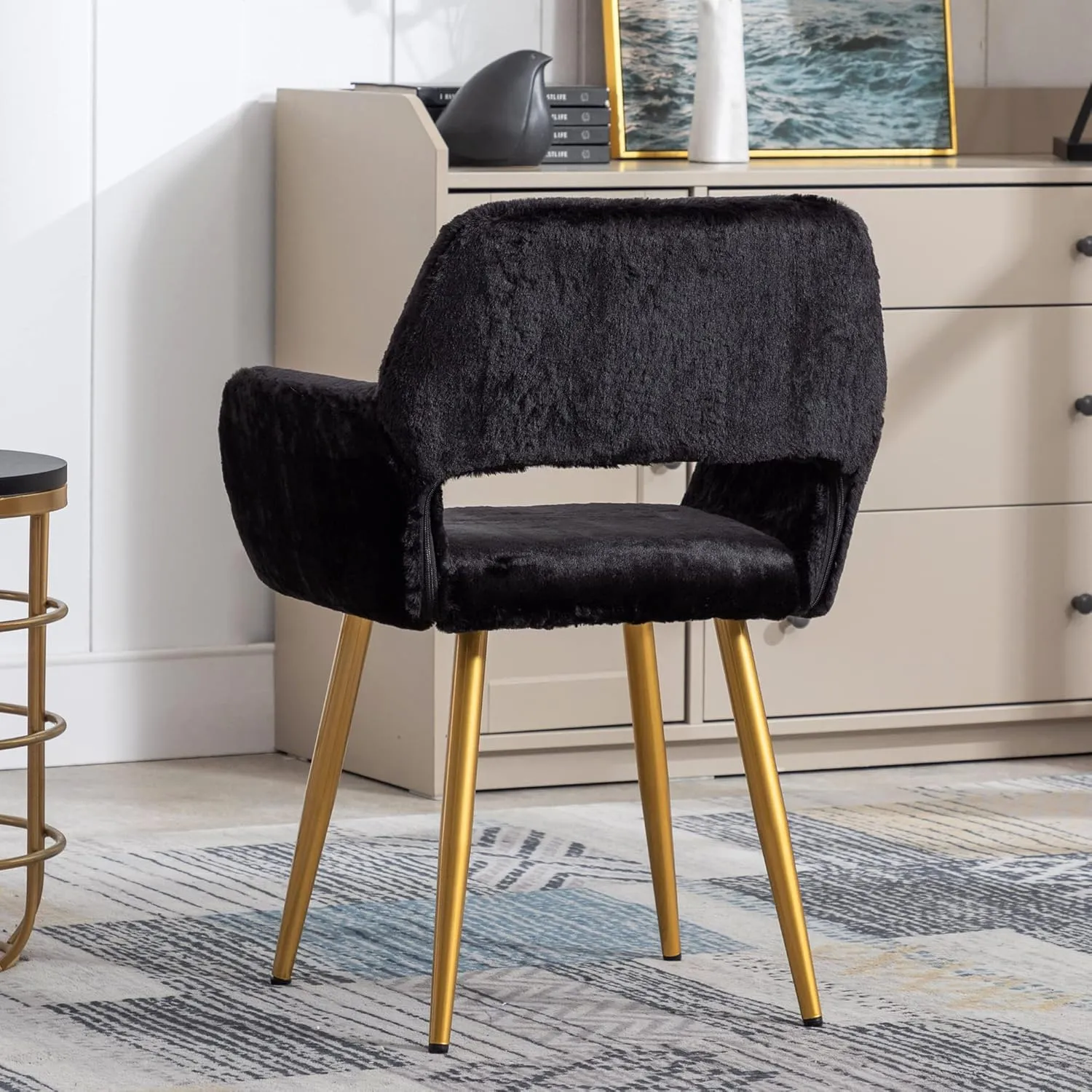 KCC Furry Desk Chair, Mid-Century Modern Accent Faux Fur Chair for Teen Girls, Comfy Armchair with Wood Look Metal Legs for Living Dining Room, Home Vanity Makeup Office Desk Chairs No Wheel, Black