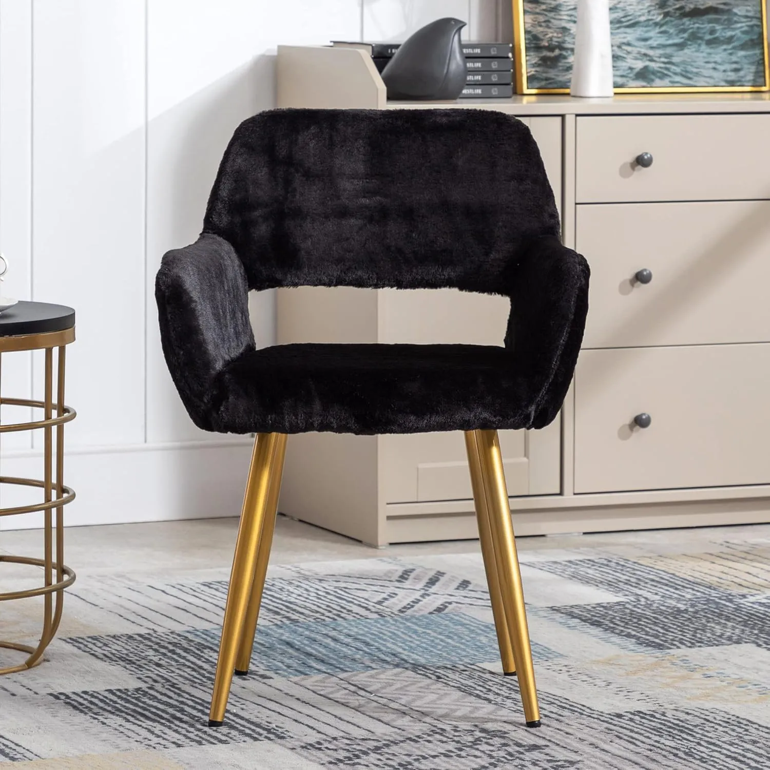 KCC Furry Desk Chair, Mid-Century Modern Accent Faux Fur Chair for Teen Girls, Comfy Armchair with Wood Look Metal Legs for Living Dining Room, Home Vanity Makeup Office Desk Chairs No Wheel, Black