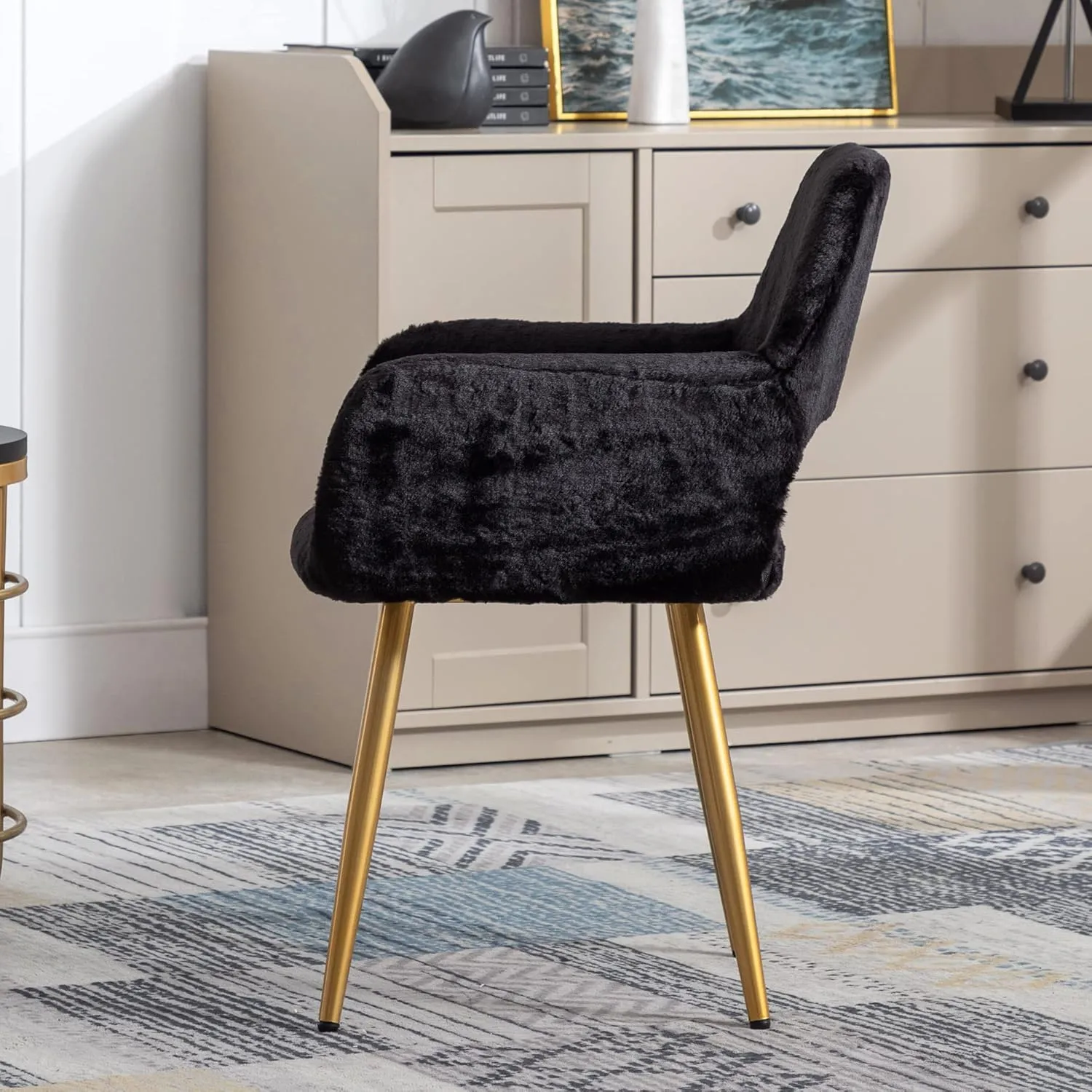 KCC Furry Desk Chair, Mid-Century Modern Accent Faux Fur Chair for Teen Girls, Comfy Armchair with Wood Look Metal Legs for Living Dining Room, Home Vanity Makeup Office Desk Chairs No Wheel, Black