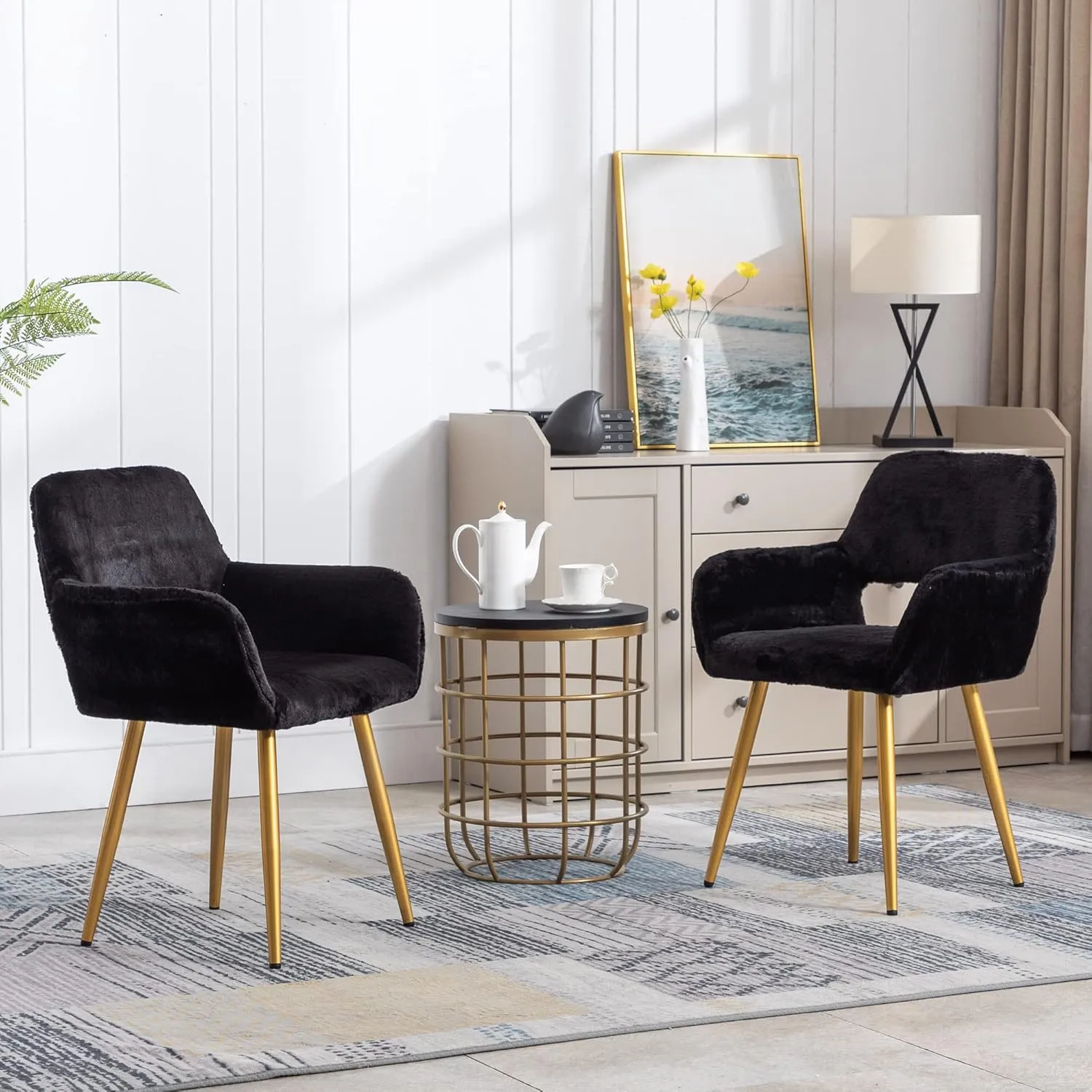 KCC Furry Desk Chair, Mid-Century Modern Accent Faux Fur Chair for Teen Girls, Comfy Armchair with Wood Look Metal Legs for Living Dining Room, Home Vanity Makeup Office Desk Chairs No Wheel, Black