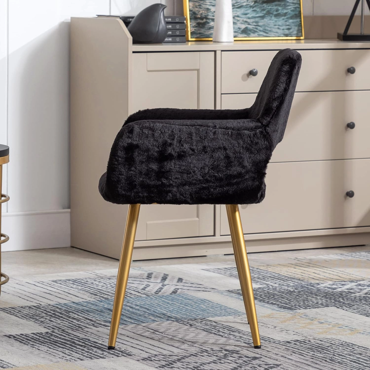 KCC Furry Desk Chair, Mid-Century Modern Accent Faux Fur Chair for Teen Girls, Comfy Armchair with Wood Look Metal Legs for Living Dining Room, Home Vanity Makeup Office Desk Chairs No Wheel, Black