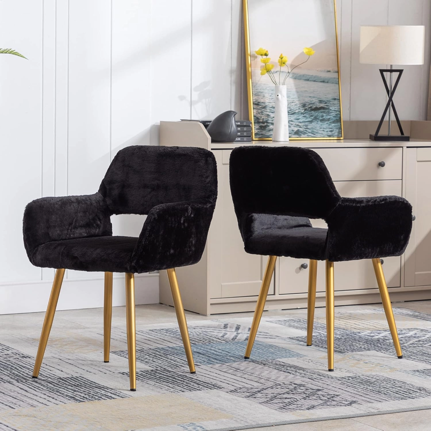 KCC Furry Desk Chair, Mid-Century Modern Accent Faux Fur Chair for Teen Girls, Comfy Armchair with Wood Look Metal Legs for Living Dining Room, Home Vanity Makeup Office Desk Chairs No Wheel, Black