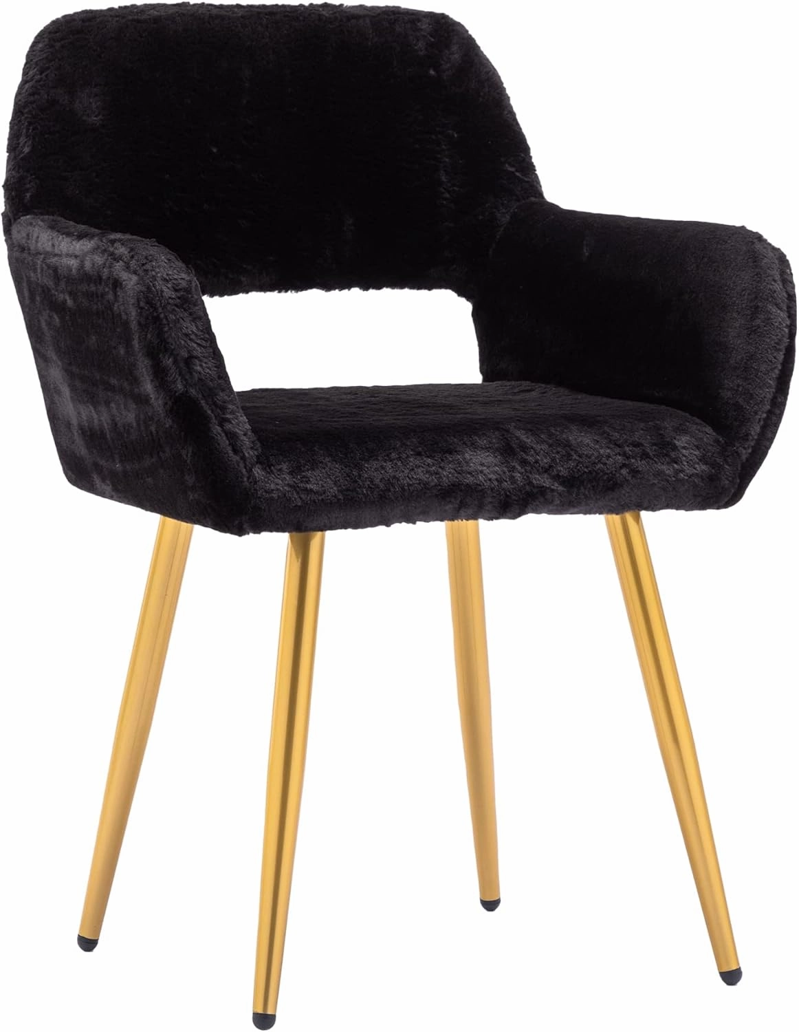 KCC Furry Desk Chair, Mid-Century Modern Accent Faux Fur Chair for Teen Girls, Comfy Armchair with Wood Look Metal Legs for Living Dining Room, Home Vanity Makeup Office Desk Chairs No Wheel, Black