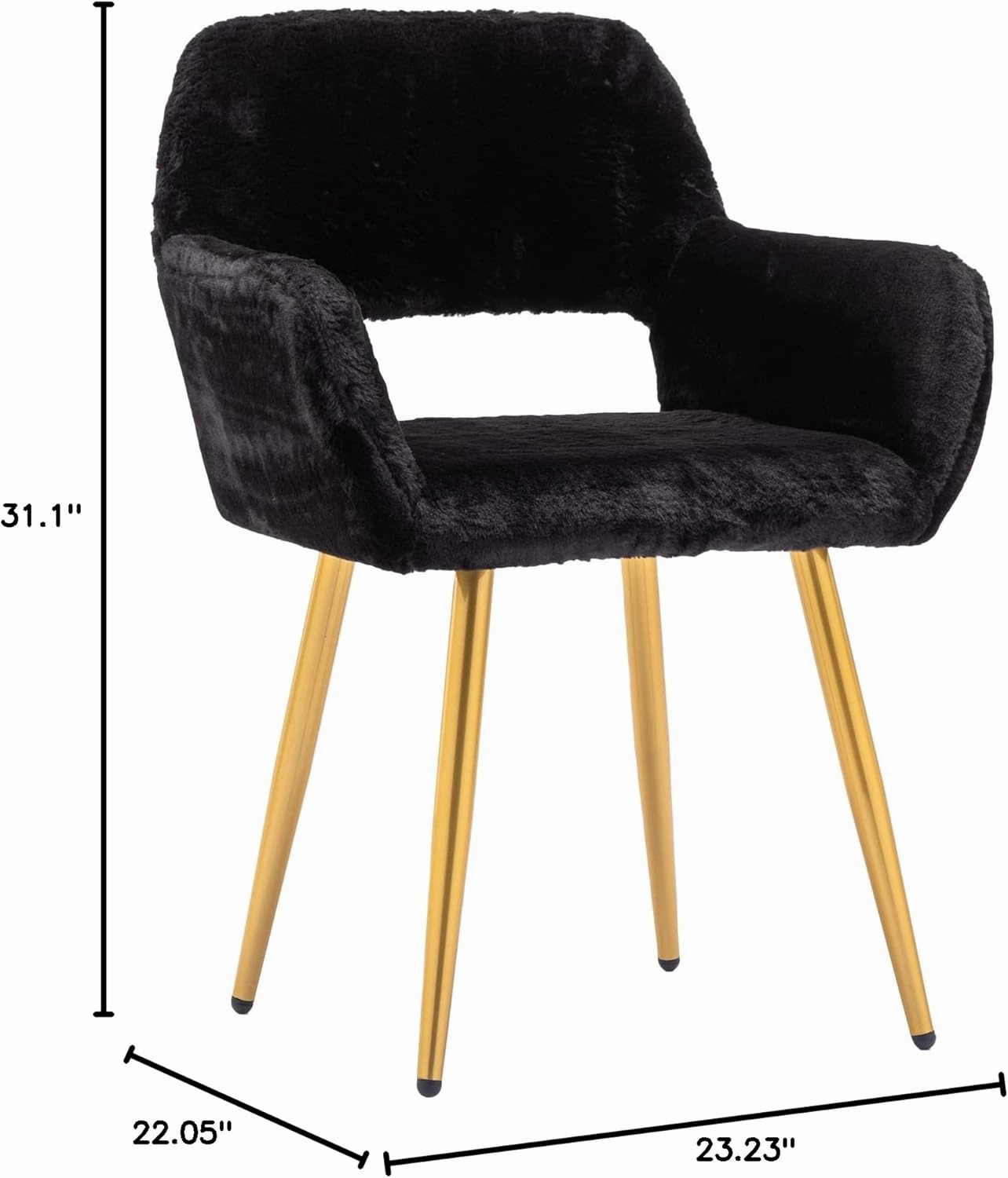 KCC Furry Desk Chair, Mid-Century Modern Accent Faux Fur Chair for Teen Girls, Comfy Armchair with Wood Look Metal Legs for Living Dining Room, Home Vanity Makeup Office Desk Chairs No Wheel, Black