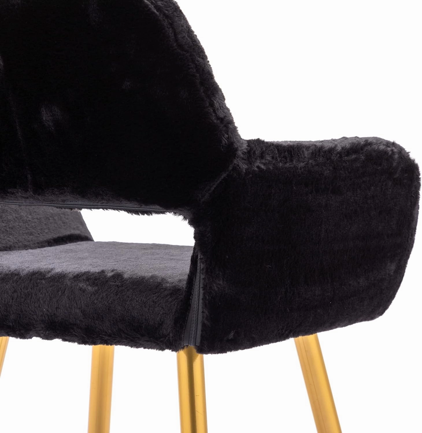KCC Furry Desk Chair, Mid-Century Modern Accent Faux Fur Chair for Teen Girls, Comfy Armchair with Wood Look Metal Legs for Living Dining Room, Home Vanity Makeup Office Desk Chairs No Wheel, Black