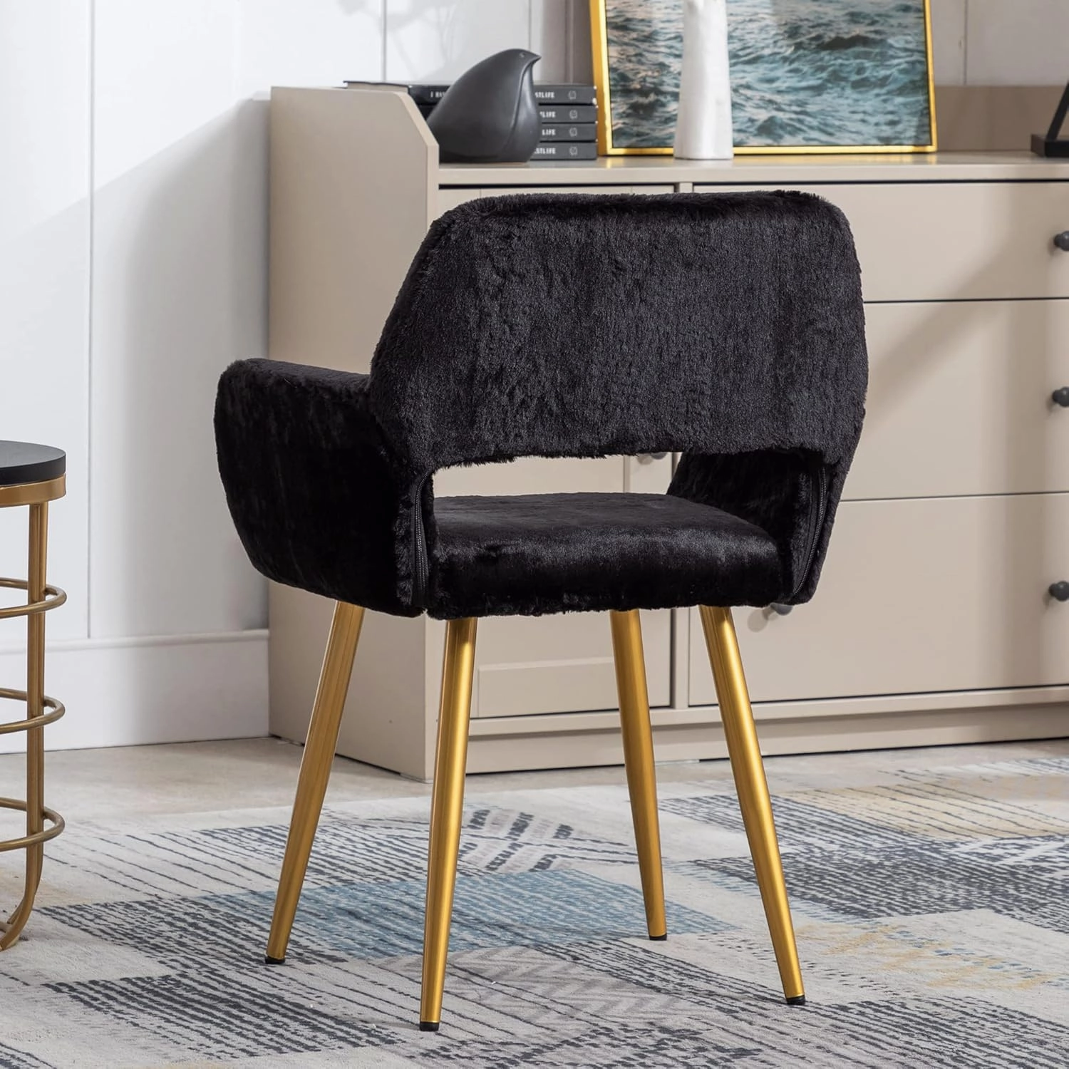 KCC Furry Desk Chair, Mid-Century Modern Accent Faux Fur Chair for Teen Girls, Comfy Armchair with Wood Look Metal Legs for Living Dining Room, Home Vanity Makeup Office Desk Chairs No Wheel, Black