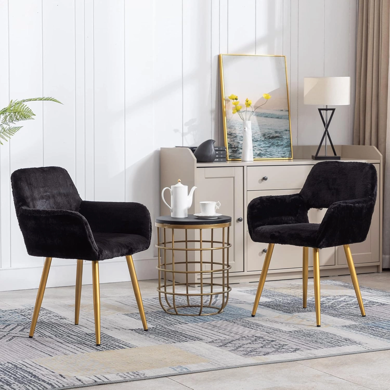 KCC Furry Desk Chair, Mid-Century Modern Accent Faux Fur Chair for Teen Girls, Comfy Armchair with Wood Look Metal Legs for Living Dining Room, Home Vanity Makeup Office Desk Chairs No Wheel, Black