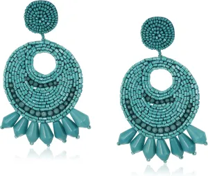 Kenneth Jay Lane Faux-Turquoise Seed Bead Round Gypsy Hoop with PRCD Drop Earrings