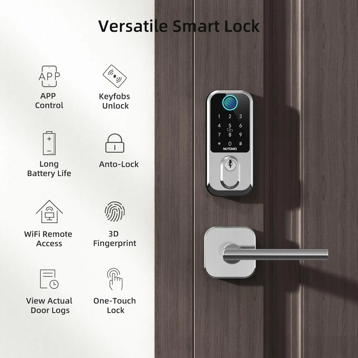 Keyless Entry Door Lock with Handle: NUTOMO Front Door Locks Set Fingerprint Deadbolt Alexa Digital Keypad Latch APP Remote Control Auto Lock Satin Nickel