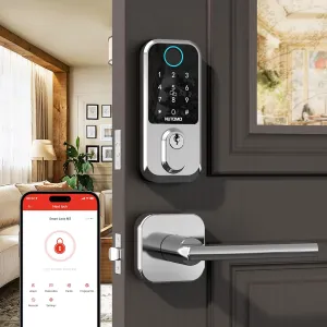 Keyless Entry Door Lock with Handle: NUTOMO Front Door Locks Set Fingerprint Deadbolt Alexa Digital Keypad Latch APP Remote Control Auto Lock Satin Nickel