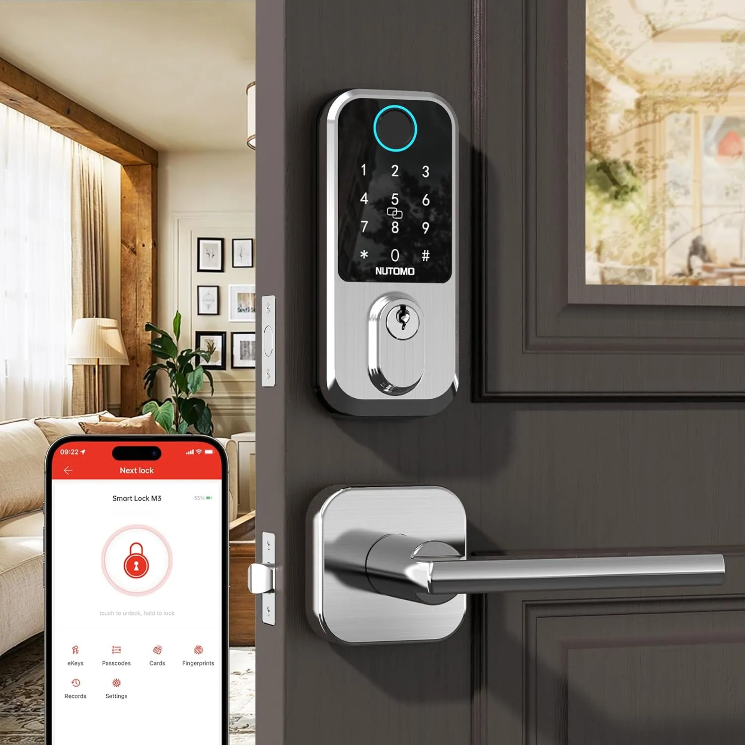 Keyless Entry Door Lock with Handle: NUTOMO Front Door Locks Set Fingerprint Deadbolt Alexa Digital Keypad Latch APP Remote Control Auto Lock Satin Nickel