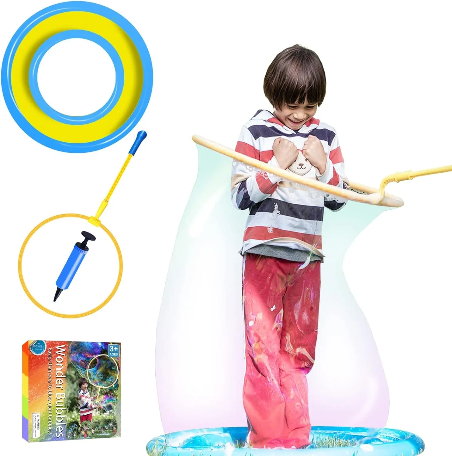 Kid in a Bubble Toy Giant Bubble Wand Big Bubbles Hoop with Dipping Pool Tray, Fun Outdoor Toys Playtime Activity Summer Toy Set for Kids and Adults Birthday Party Game