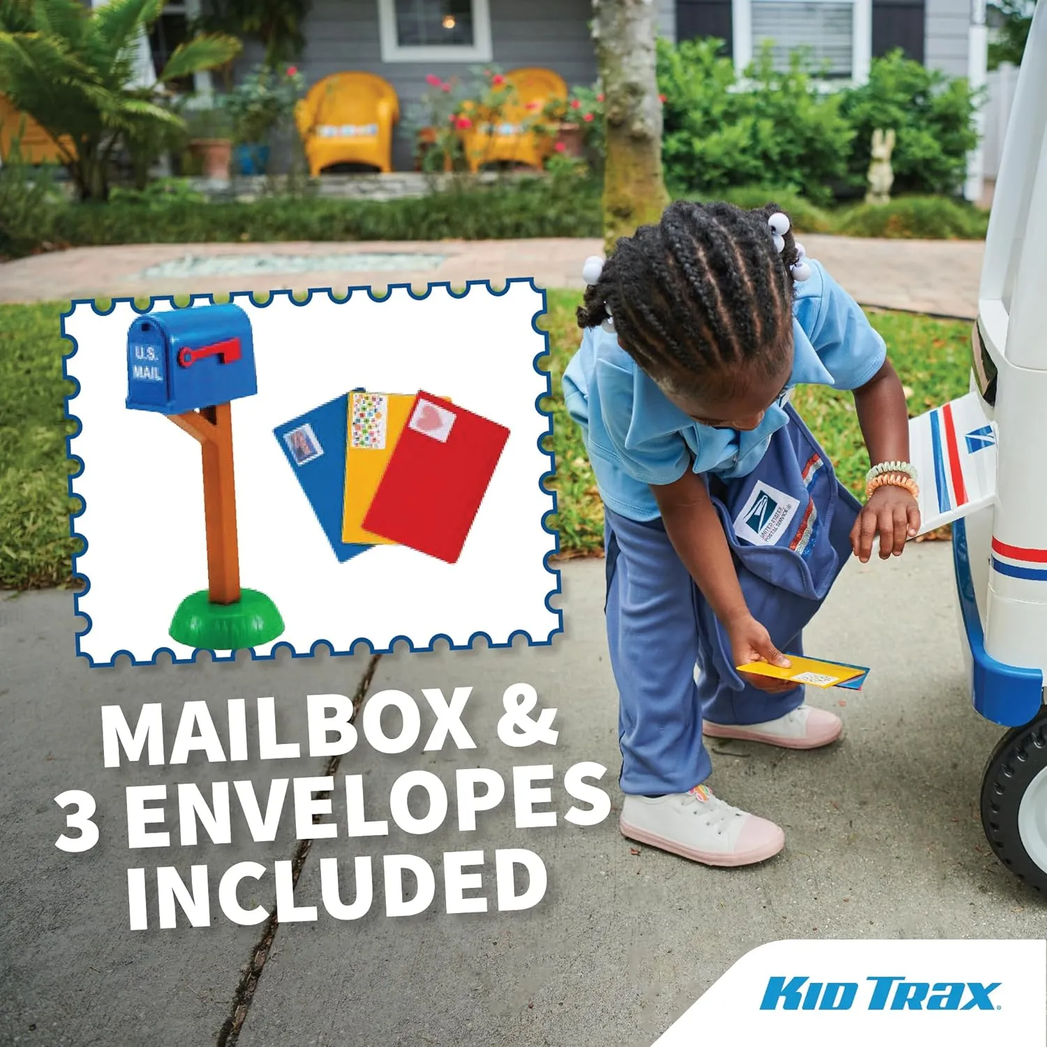 Kid Trax 6V USPS Mail Truck Ride-On Toy, Ages 3-5, Max Weight 60 lb, Includes Mailbox, Play Envelopes, Working Headlights/Horn, FM Radio/MP3 Input