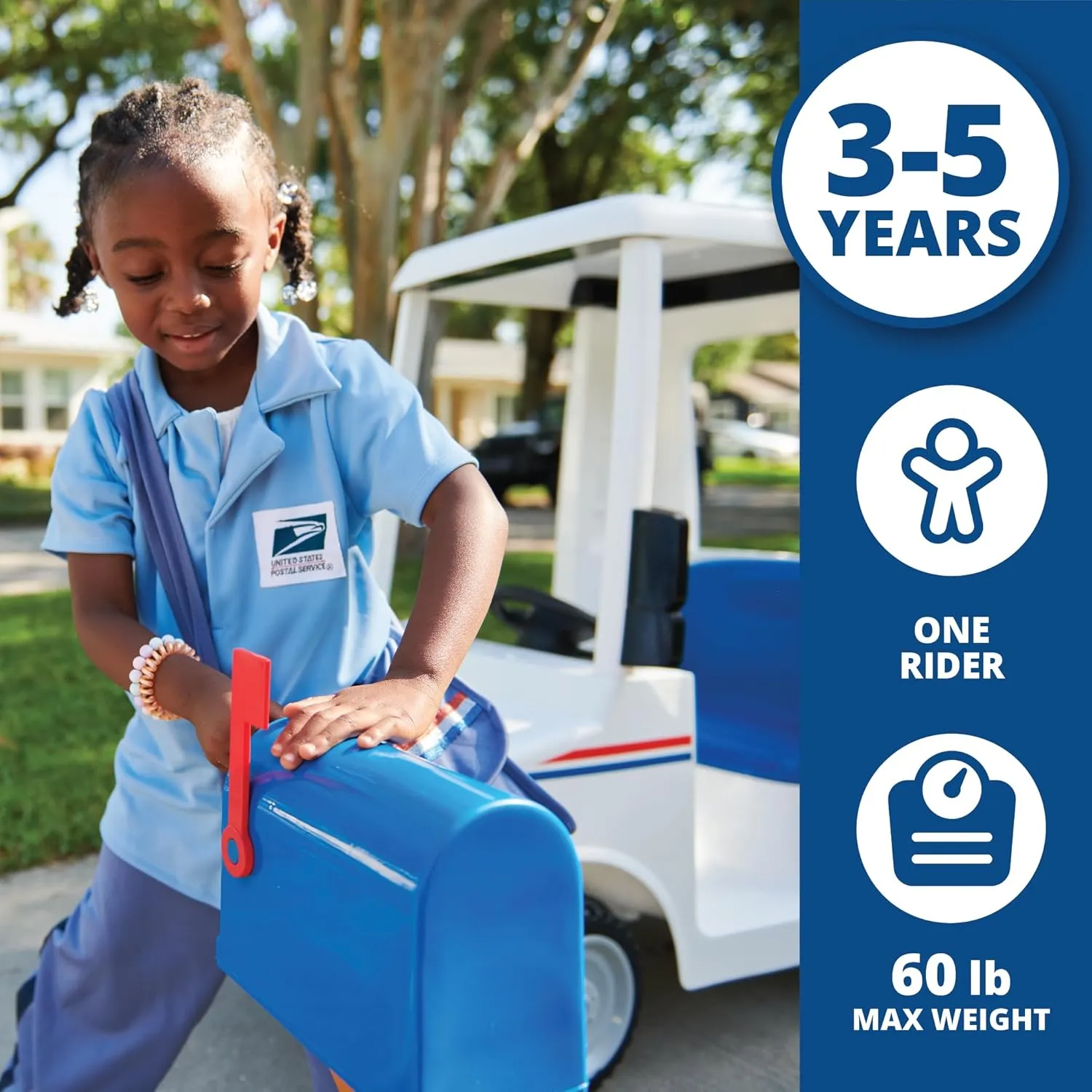 Kid Trax 6V USPS Mail Truck Ride-On Toy, Ages 3-5, Max Weight 60 lb, Includes Mailbox, Play Envelopes, Working Headlights/Horn, FM Radio/MP3 Input