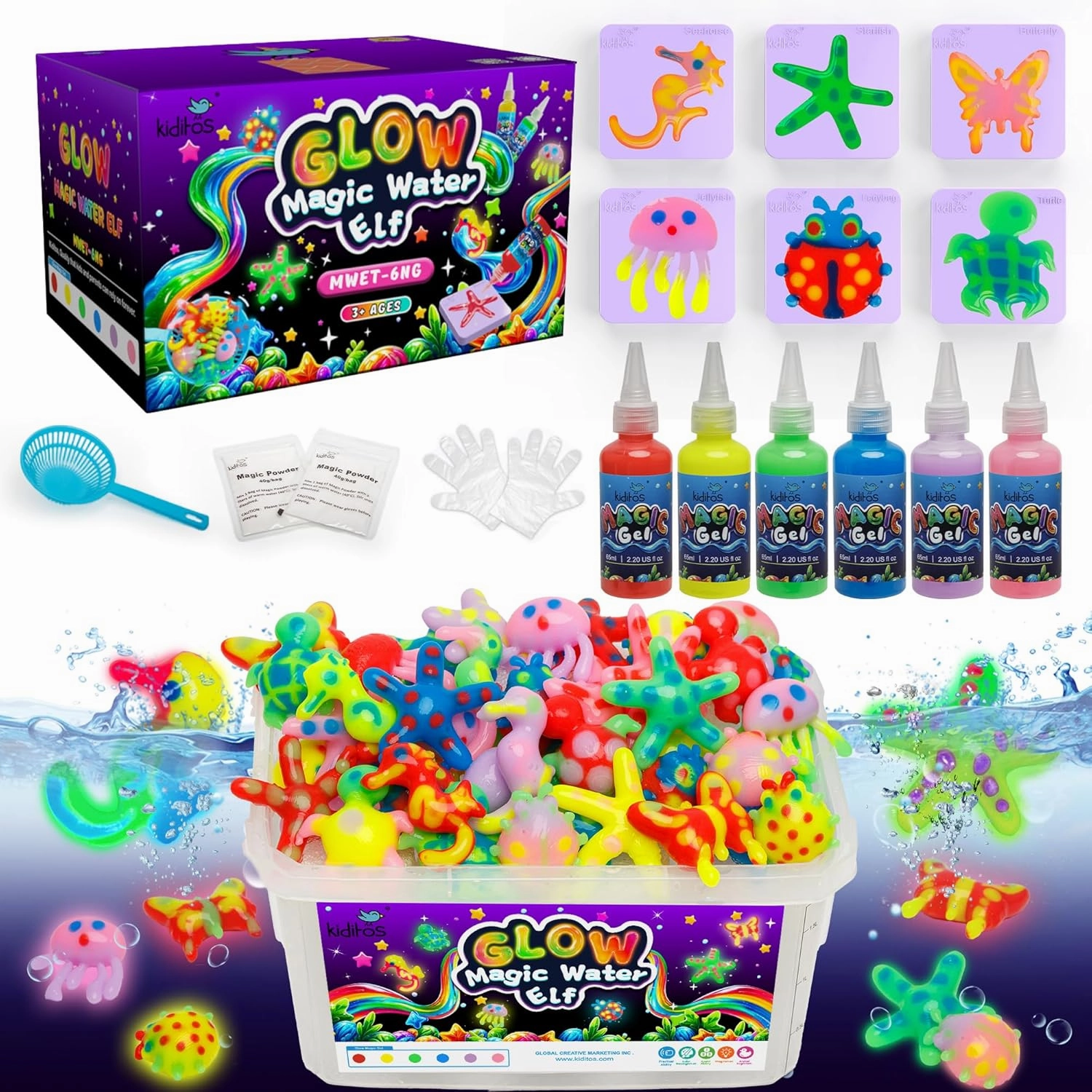 Kiditos Glow in the Dark Magic Water Elf Toy Kit,Aqua Fairy Water Gel Kit-6 Magic Gel&6 Molds-Make Your Own Water Pets&Squishy Toys-Fun Summer DIY Craft Kit,Birthday Gift&Party Favors for Kids Ages 3 