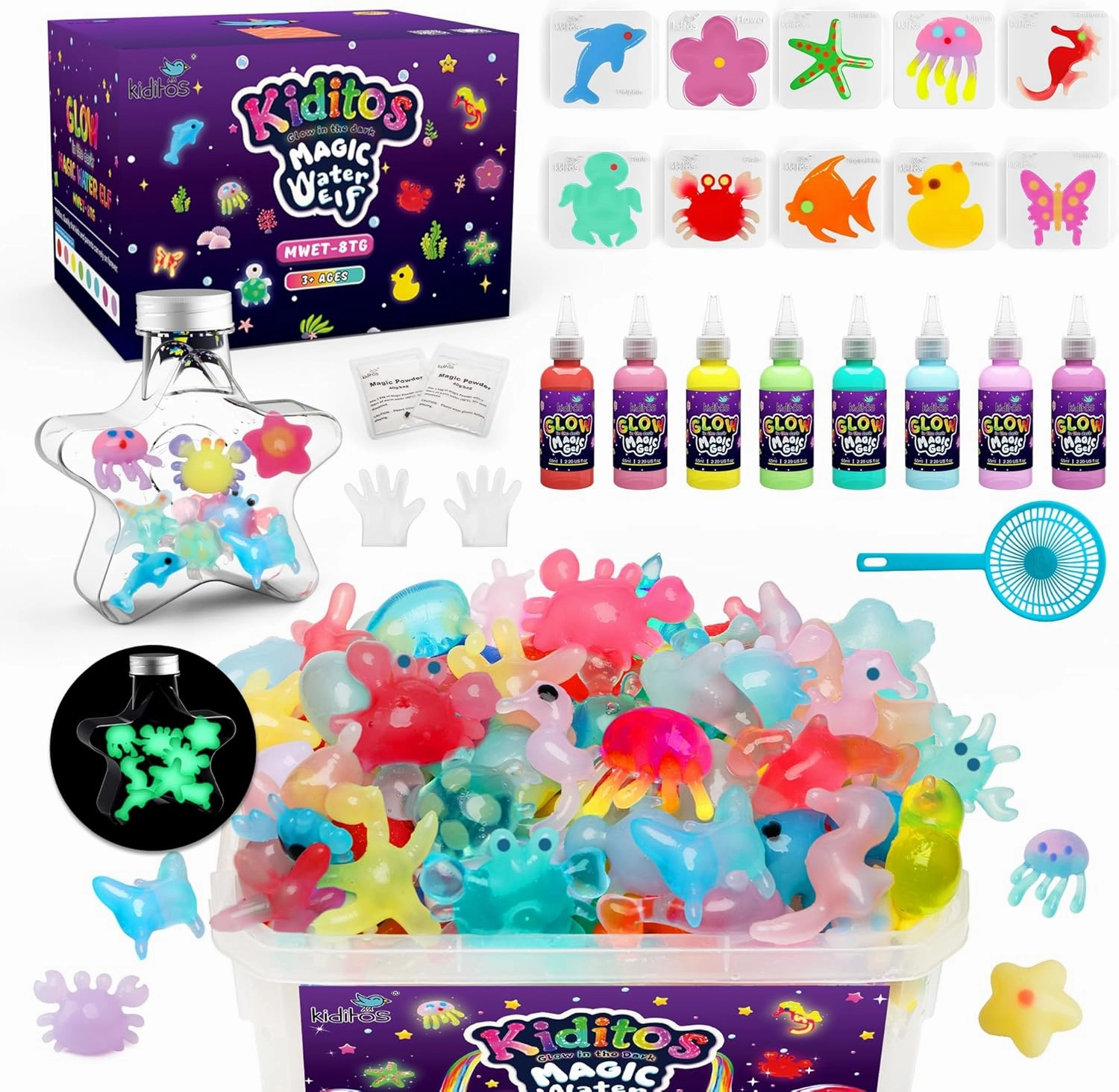 Kiditos Glow in The Dark Magic Water Elf Toy Kit,Aqua Fairy Water Gel Kit-8 Glow Gel&10 Molds-Make Your Own Water Pets&Squishy Toys–Fun Summer DIY Craft Kit,Birthday Gift&Party Favors for Kids Ages 3 