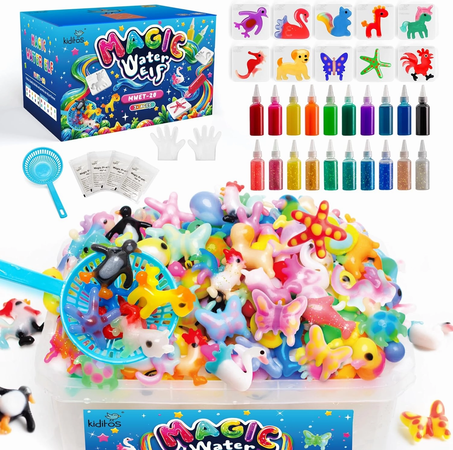 Kiditos Magic Water Elf Toy Kit, Aqua Fairy Water Gel Kit-20 Magic Gel&10 Animal Molds–Make Your Own Water Pets & Squishy Toys–Fun Summer DIY Craft Kit, Birthday Gifts & Party Favors for Kids Ages 3 