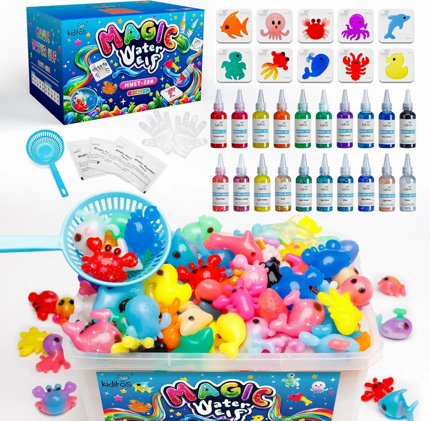 Kiditos Magic Water Elf Toy Kit, Aqua Fairy Water Gel Kit-20 Magic Gesl&10 Molds–Make Your Own Water Pets & Squishy Toys–Fun Summer DIY Craft Kit, Birthday Gifts & Party Favors for Kids Ages 3 