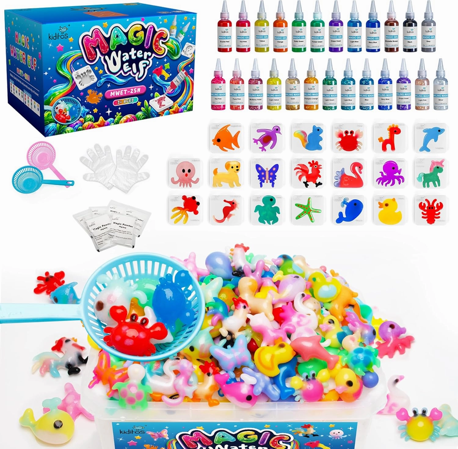 Kiditos Magic Water Elf Toy Kit, Aqua Fairy Water Gel Kit-25 Magic Gesl&20 Molds–Make Your Own Water Pets & Squishy Toys–Fun Summer DIY Craft Kit, Birthday Gifts & Party Favors for Kids Ages 3 