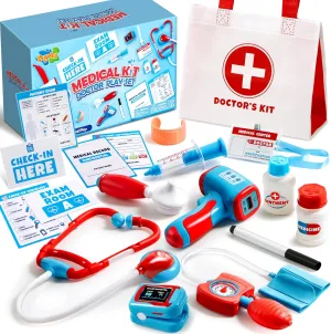 Kids Doctor Kit, 16-Piece Pretend Play Medical Kit with Bag, Doctor Role Play Set with Realistic Toy Stethoscope, Reusable Record Cards, Dress Up Playset for Toddlers Ages 3 