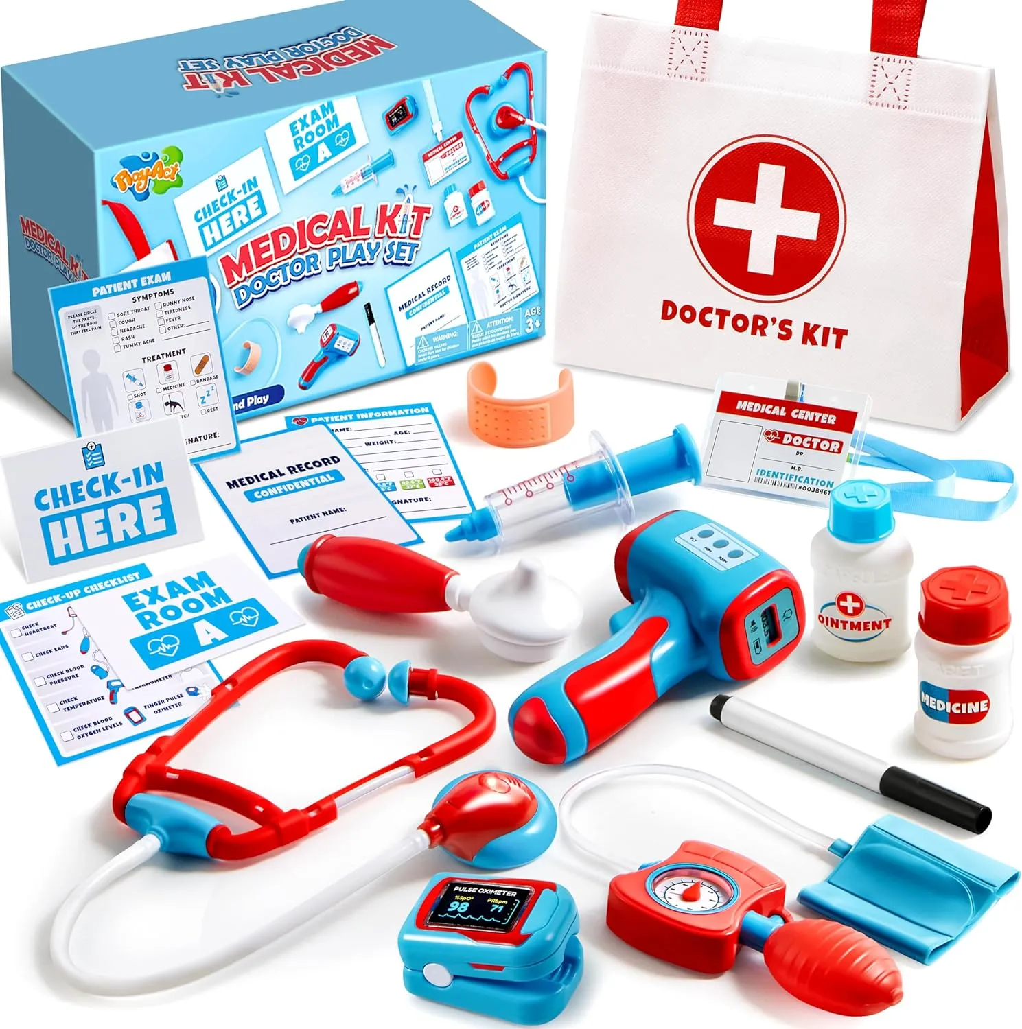 Kids Doctor Kit, 16-Piece Pretend Play Medical Kit with Bag, Doctor Role Play Set with Realistic Toy Stethoscope, Reusable Record Cards, Dress Up Playset for Toddlers Ages 3 