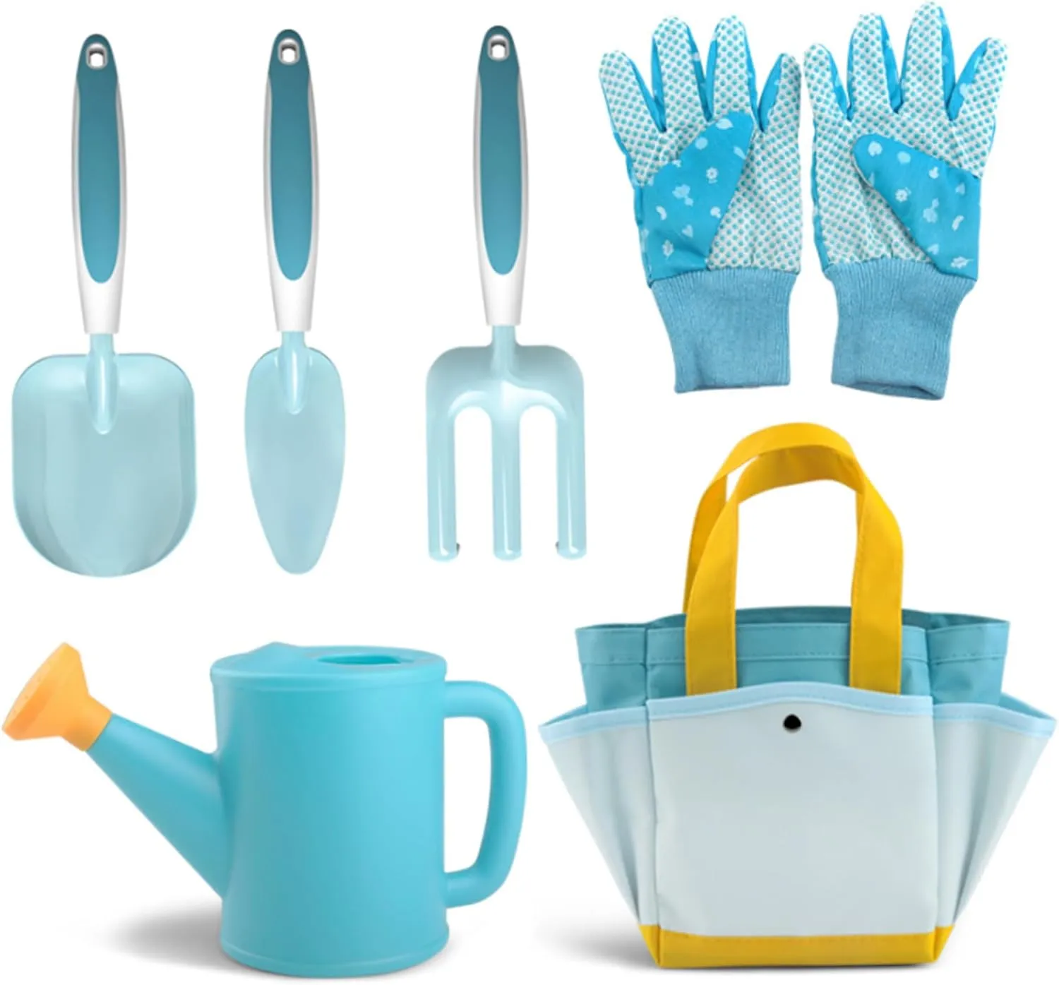 Kids Gardening Tools Set, Kids Gardening Set with Rake, 2 Shovel, Watering Can, Gloves and Bag, Portable Toddler Gardening Set for Kids (6Pcs/Set)