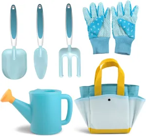 Kids Gardening Tools Set, Kids Gardening Set with Rake, 2 Shovel, Watering Can, Gloves and Bag, Portable Toddler Gardening Set for Kids (6Pcs/Set)