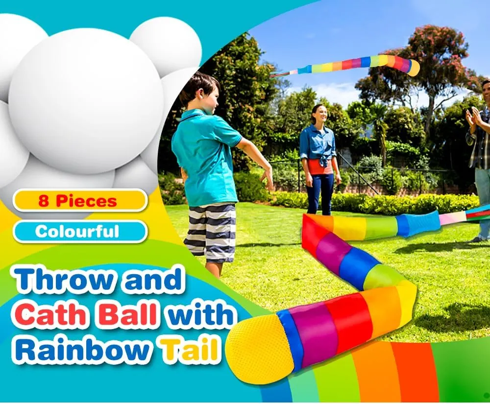 Kids Sensory Training Ball and Catch Ball with Rainbow Tail, Soft Sponge Balls and Rainbow Tails Glow at,Throw and Catch Outdoor Game