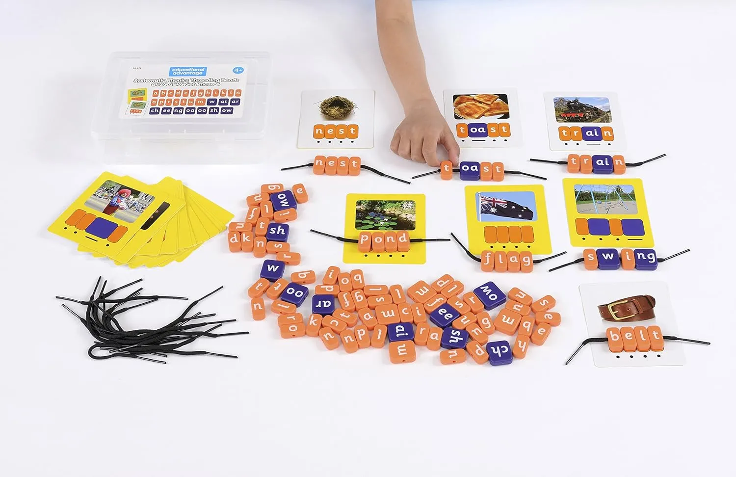 Kids Systematic Phonics Lacing Beads CVCC Set Phase 4 in Multicolored - Literacy Learning Toy - 100 Beads & 25 Cards - 4  Years