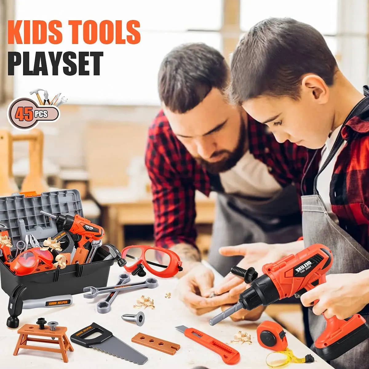 Kids Tool Set – Zealous 48 pcs Toddler Tool Set with Tool Box & Electronic Toy Drill, Pretend Play Kids Toys, Toy Construction Tools for Kids Ages 3,4,5,6,7,8 Years Old (A-Orange)