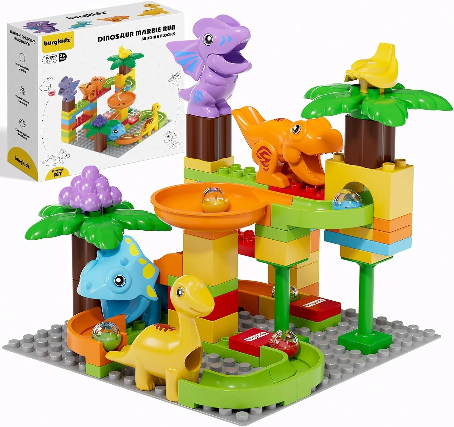 Kids Marble Run Building Block Dinosaur, Montessori Learning Resources STEM Toy Bricks Maze Puzzle Set Race Track Compatible with Major Brands for Age 3 4 5 6 7 8  Boys Girls Birthdays