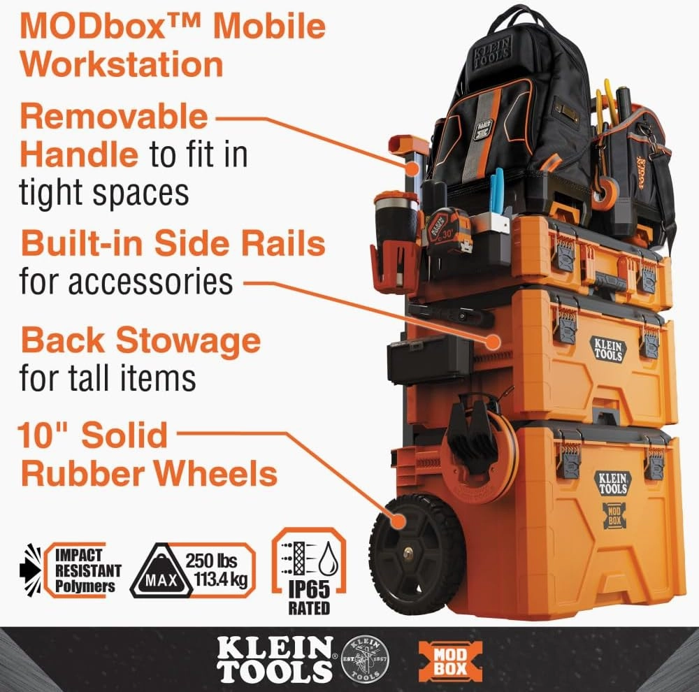 Klein Tools 54802MB MODbox Rolling Tool Box, Heavy Duty Portable Tool Organizer with Side Mounting, 10-Inch Rubber Wheels, Removable Handle, Deep Stackable Set