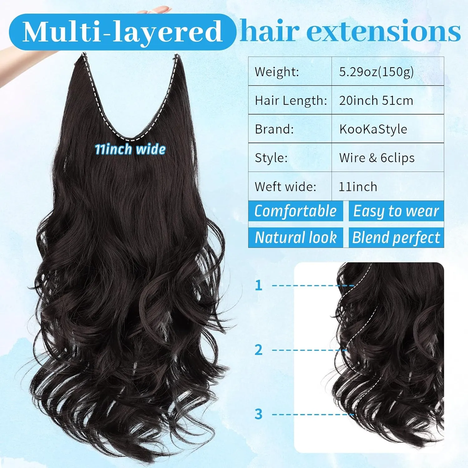 KooKaStyle Invisible Wire Hair Extensions 20‘’ Long Wavy Layered Synthetic Clip in Hair Extensions with Transparent Wire Adjustable Size 6 Secure Clips Dark Brown Thick Hairpieces for Women 20 Inch