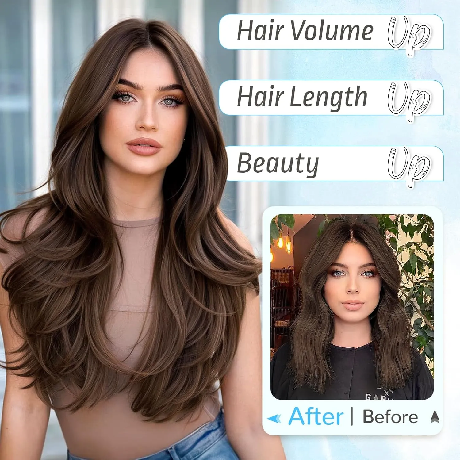 KooKaStyle Invisible Wire Hair Extensions Long Straight Layered Synthetic with Transparent Wire Adjustable Size 6 Secure Clips Hairpieces for Women 16 Inch (16Inch, Medium Brown6/10#)