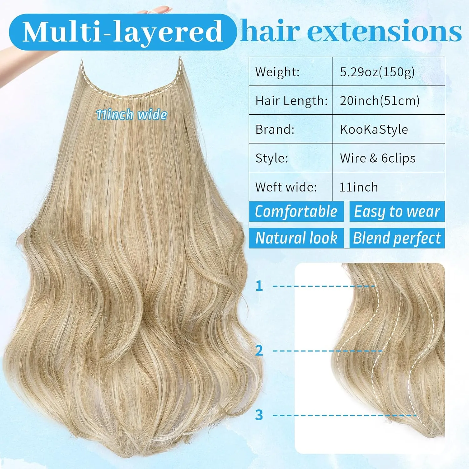 KooKaStyle Invisible Wire Hair Extensions Long Straight Layered Synthetic with Transparent Wire Adjustable Size 6 Secure Clips Hairpieces for Women 20 Inch (20 Inch, Beige Blonde)