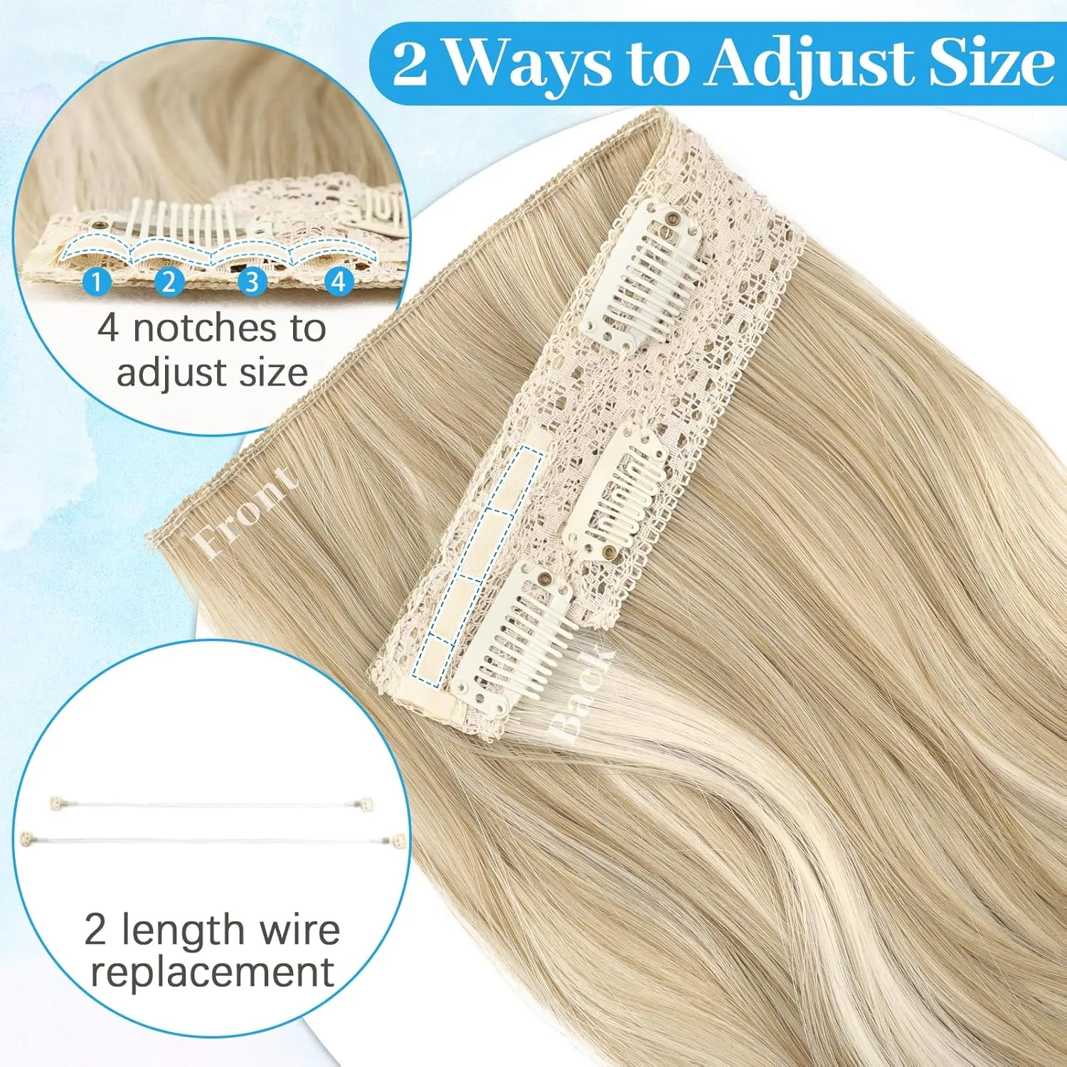 KooKaStyle Invisible Wire Hair Extensions Long Straight Layered Synthetic with Transparent Wire Adjustable Size 6 Secure Clips Hairpieces for Women 20 Inch (20 Inch, Beige Blonde)