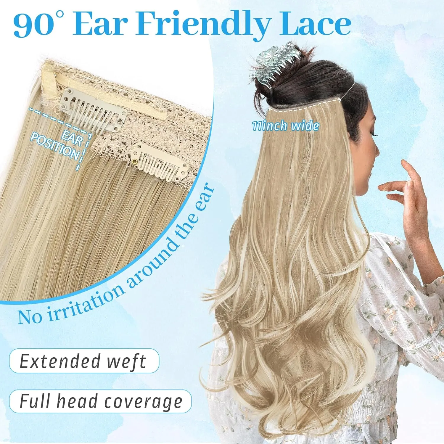 KooKaStyle Invisible Wire Hair Extensions Long Straight Layered Synthetic with Transparent Wire Adjustable Size 6 Secure Clips Hairpieces for Women 20 Inch (20 Inch, Beige Blonde)