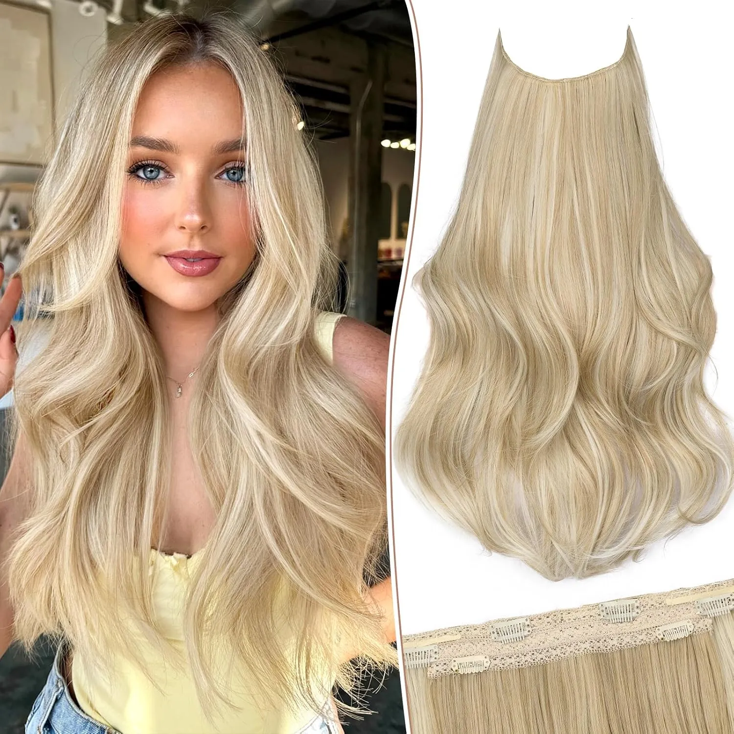 KooKaStyle Invisible Wire Hair Extensions Long Straight Layered Synthetic with Transparent Wire Adjustable Size 6 Secure Clips Hairpieces for Women 20 Inch (20 Inch, Beige Blonde)
