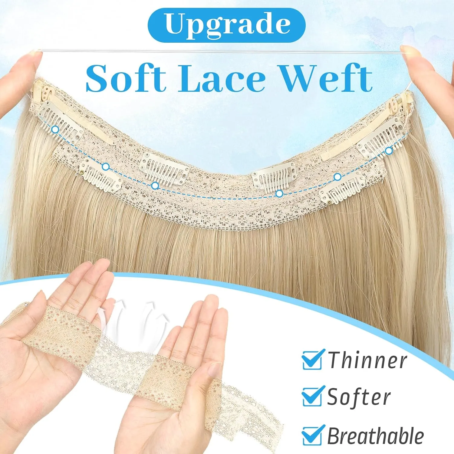 KooKaStyle Invisible Wire Hair Extensions Long Straight Layered Synthetic with Transparent Wire Adjustable Size 6 Secure Clips Hairpieces for Women 20 Inch (20 Inch, Beige Blonde)