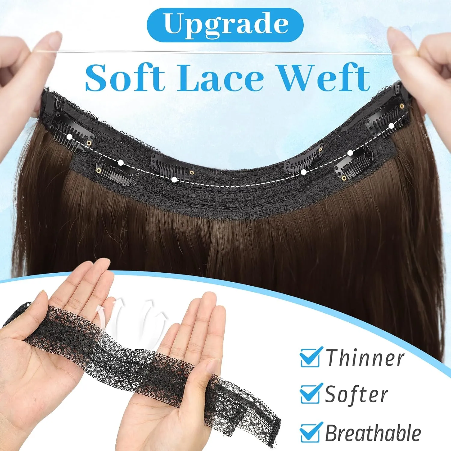 KooKaStyle Invisible Wire Hair Extensions Long Straight Layered Synthetic with Transparent Wire Adjustable Size 6 Secure Clips Hairpieces for Women 20 Inch (20 Inch, Medium Brown6/10#)