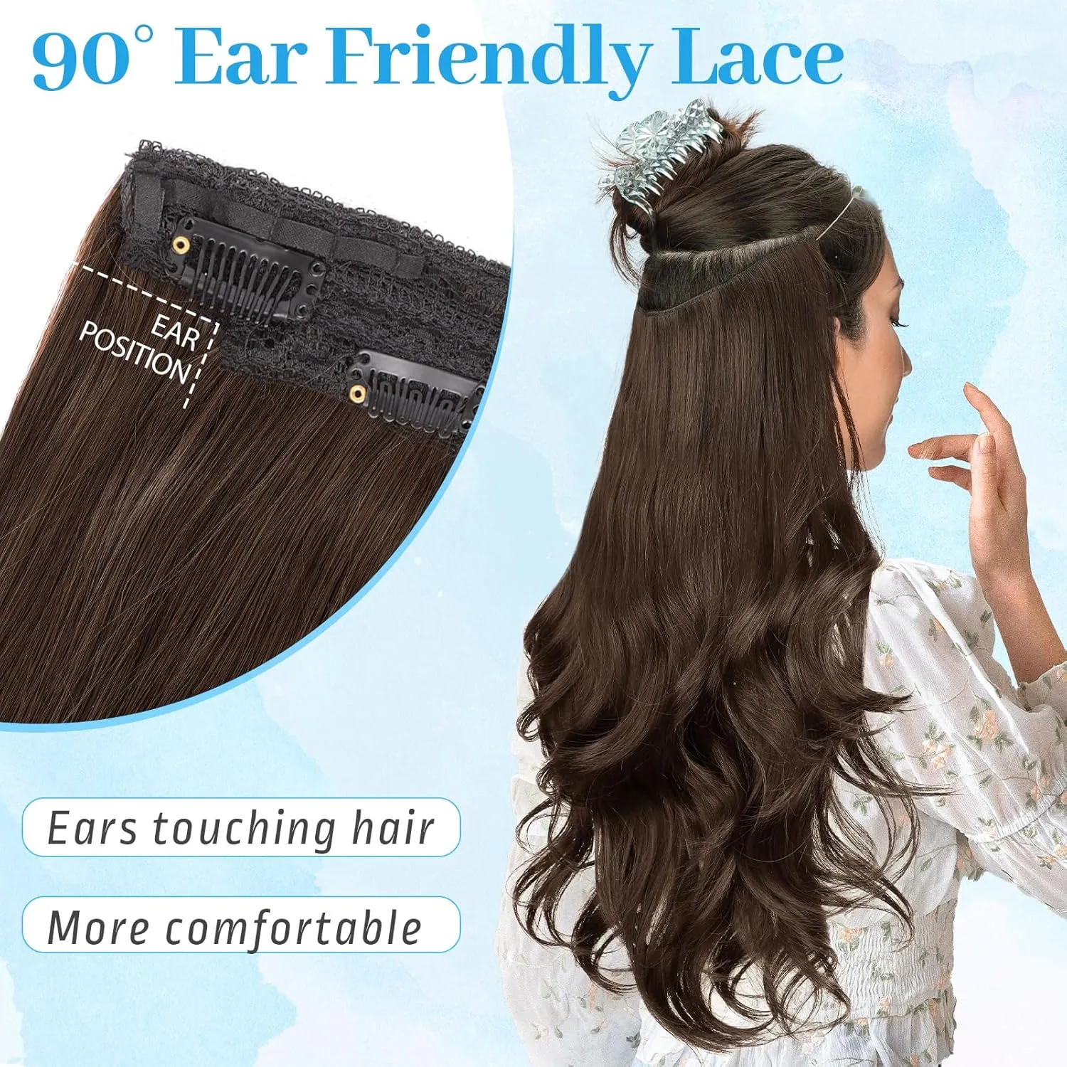 KooKaStyle Invisible Wire Hair Extensions Long Straight Layered Synthetic with Transparent Wire Adjustable Size 6 Secure Clips Hairpieces for Women 20 Inch (20 Inch, Medium Brown6/10#)