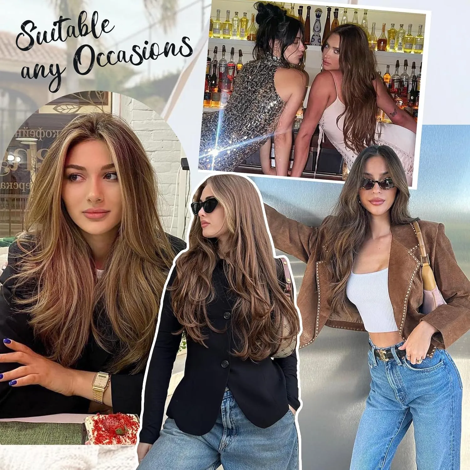 KooKaStyle Invisible Wire Hair Extensions Long Straight Layered Synthetic with Transparent Wire Adjustable Size 6 Secure Clips Hairpieces for Women 20 Inch (Balayage Chocolate Brown to Caramel Blonde)