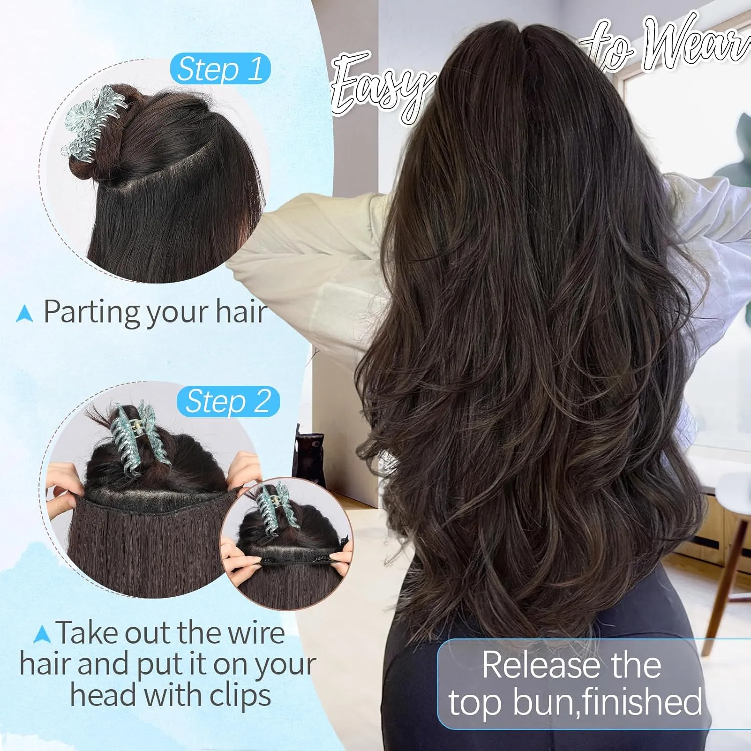 KooKaStyle Invisible Wire Hair Extensions Long Straight Layered Synthetic with Transparent Wire Adjustable Size 6 Secure Clips Hairpieces for Women 20 Inch (Balayage Chocolate Brown to Caramel Blonde)