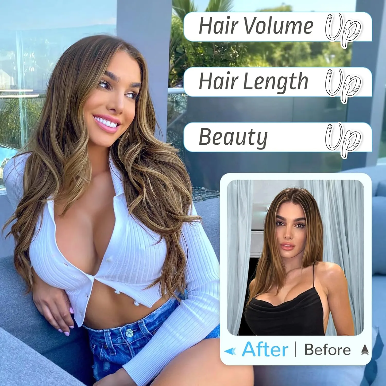 KooKaStyle Invisible Wire Hair Extensions Long Straight Layered Synthetic with Transparent Wire Adjustable Size 6 Secure Clips Hairpieces for Women 20 Inch (Balayage Chocolate Brown to Caramel Blonde)