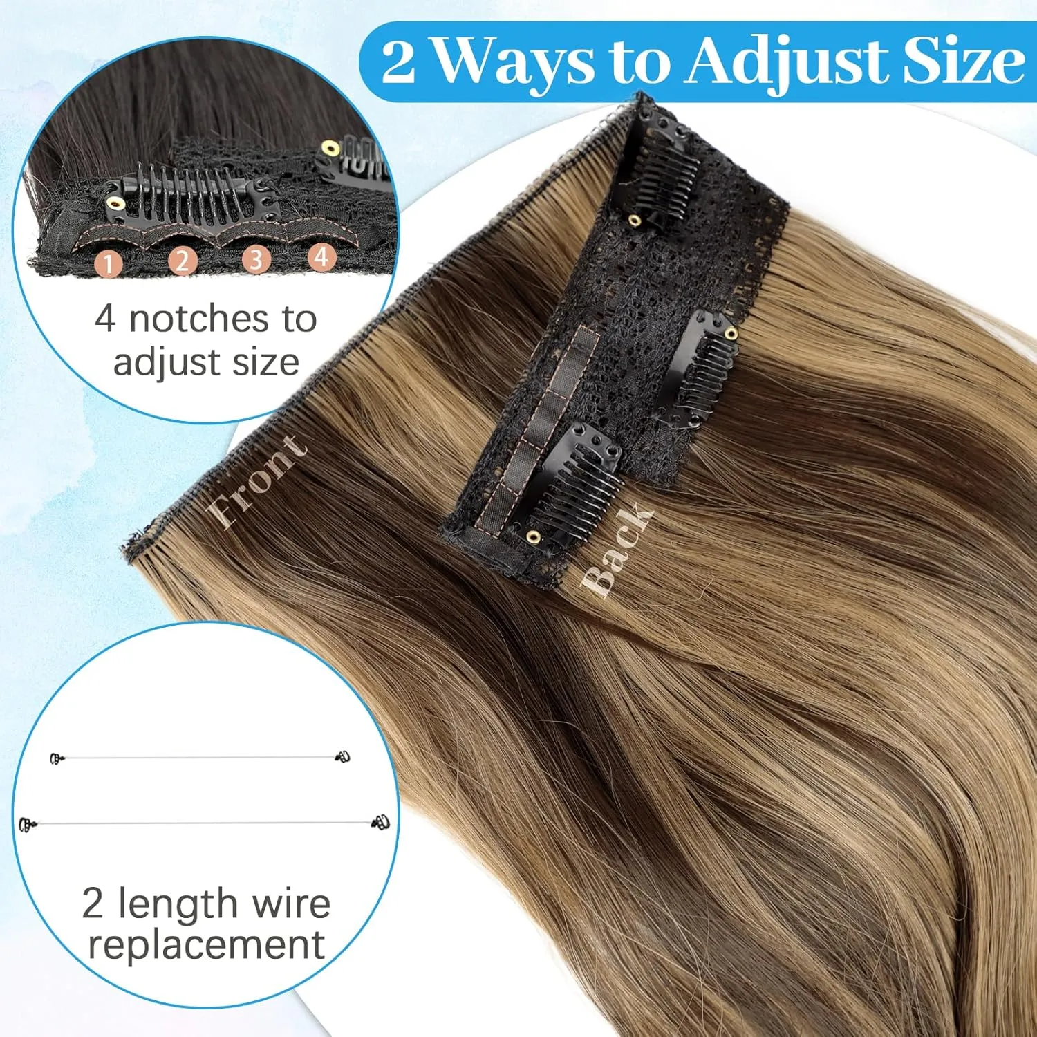 KooKaStyle Invisible Wire Hair Extensions Long Straight Layered Synthetic with Transparent Wire Adjustable Size 6 Secure Clips Hairpieces for Women 20 Inch (Balayage Chocolate Brown to Caramel Blonde)