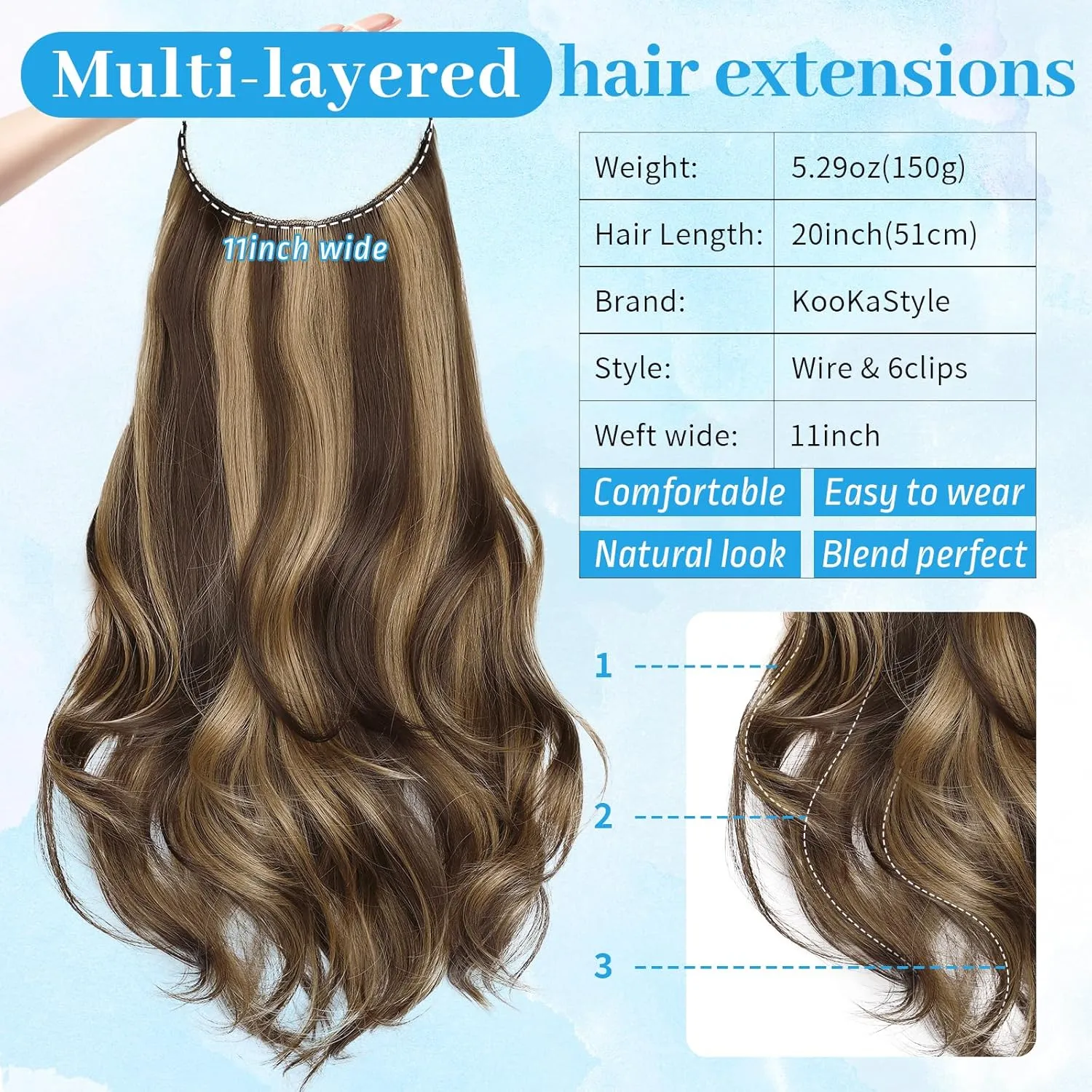 KooKaStyle Invisible Wire Hair Extensions Long Straight Layered Synthetic with Transparent Wire Adjustable Size 6 Secure Clips Hairpieces for Women 20 Inch (Balayage Chocolate Brown to Caramel Blonde)